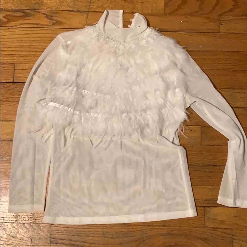 White Sheer Mesh Long Sleeve Top Feathers